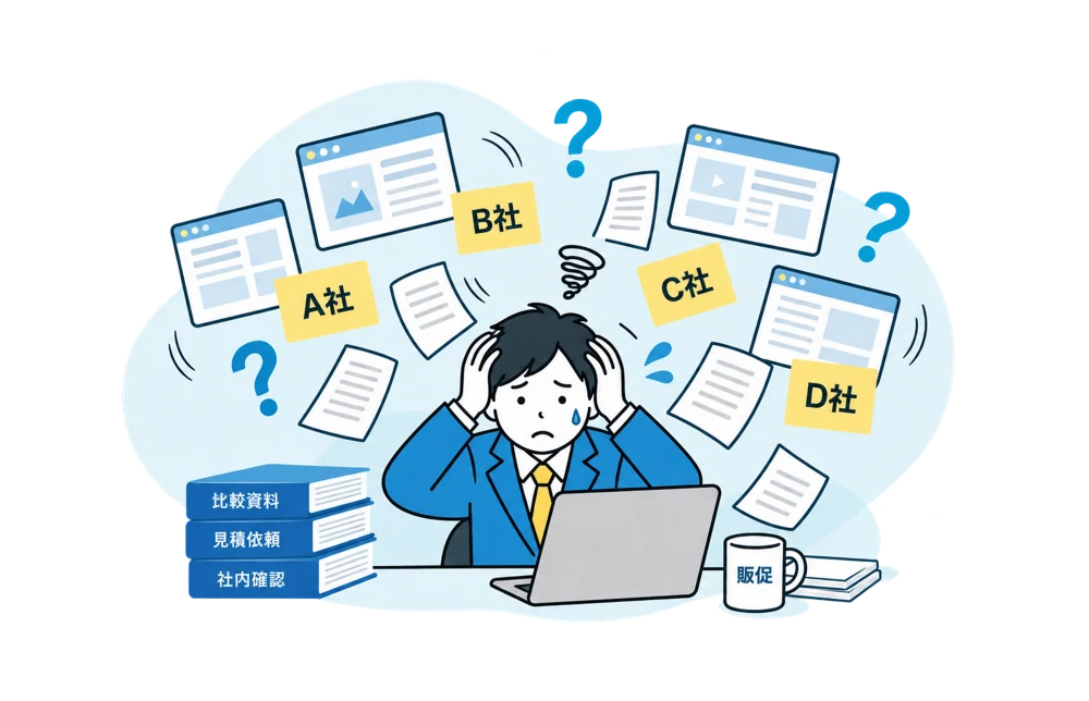 複数の発注先探しや比較作業に悩む販促担当者