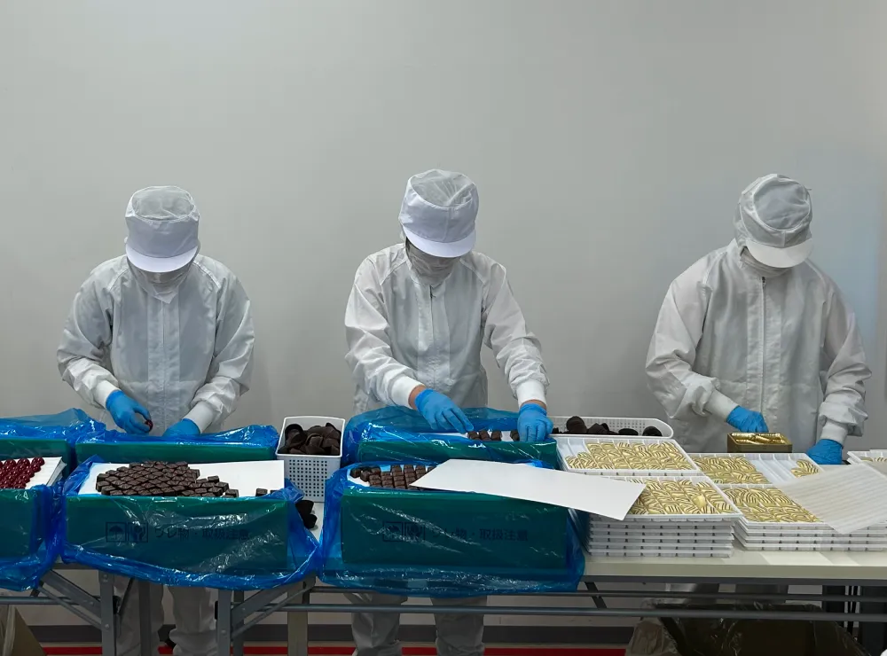 チョコレートを検査する人たち