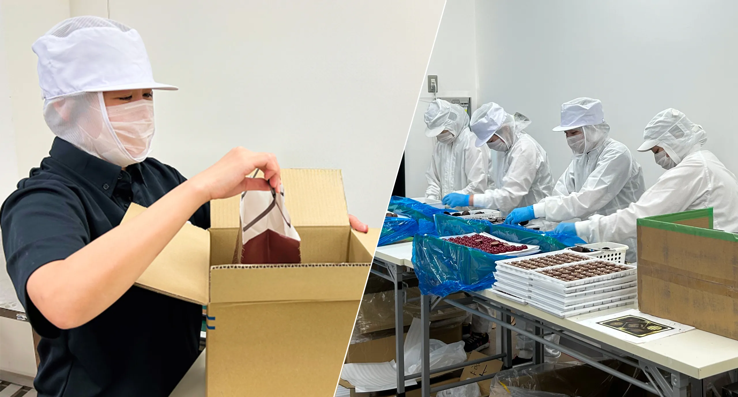 工場で作業をする女性とチョコレートを検査する人たち